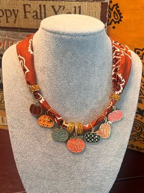 Fall Charm Necklace – Cinnamon Bandana with Orange, Gold and Green Pumpkin Charm